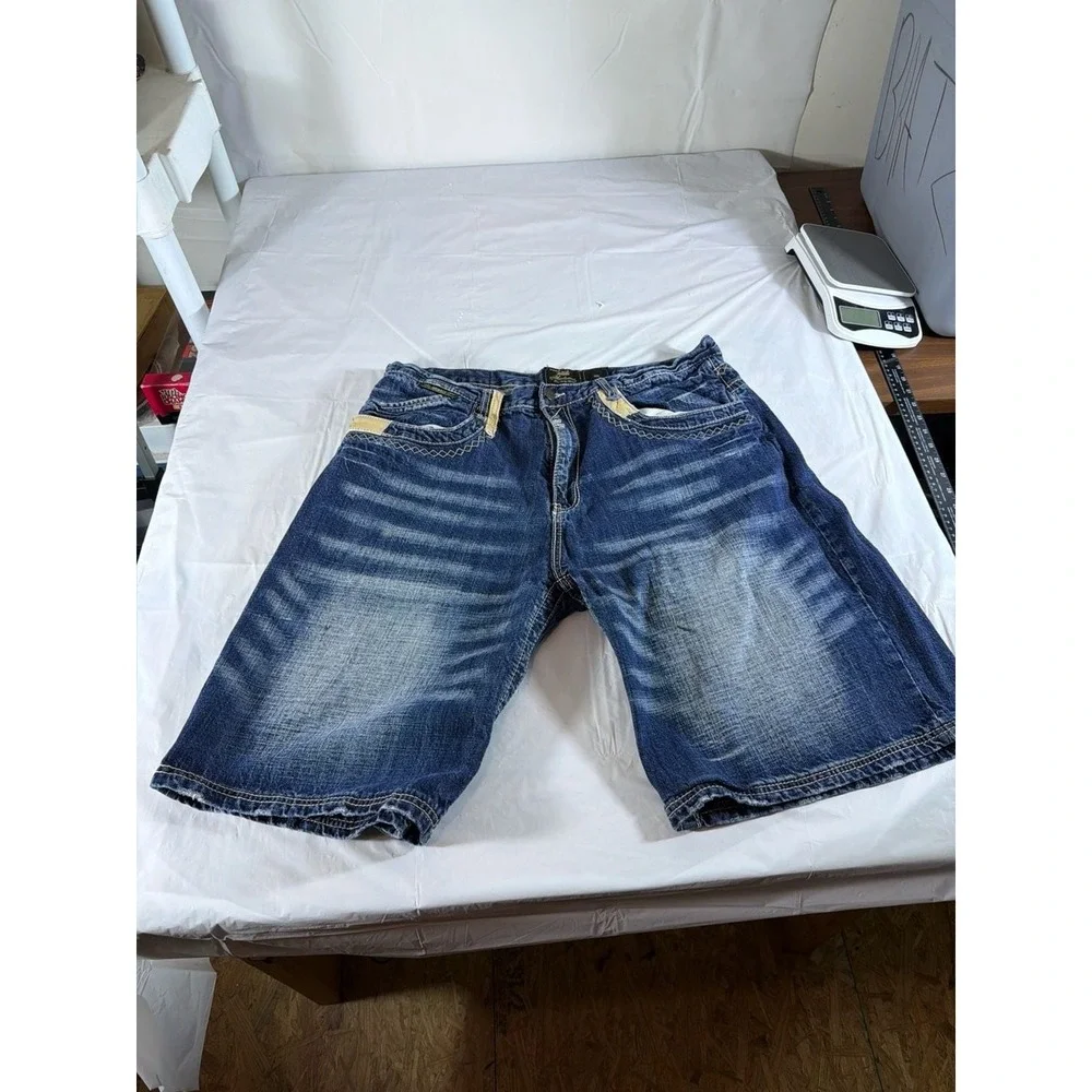 Akademiks Mens Denim Shorts‎ 38 Blue Embroidered Leather Trim Y2K Baggy Hip Hop